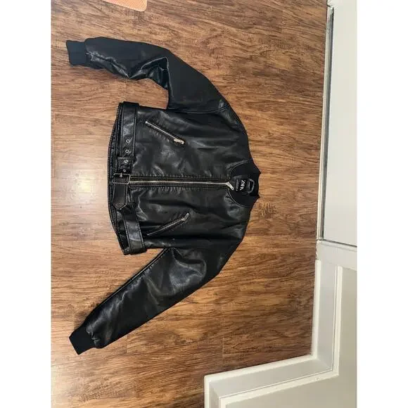 Zara Faux Leather Cropped Bomber Jacket Women Black Belted Moto Style - Picture 7 of 17